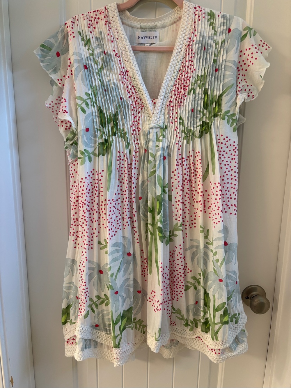 Navy Bleu White Floral & Polka Dot Pintuck Tunic